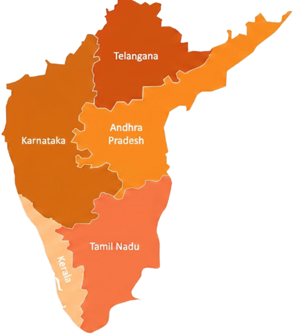 Map of the five South Indian states Drink Cultr operates in: Karnataka, Kerala, Tamil Nadu, Telangana and Andhra Pradesh